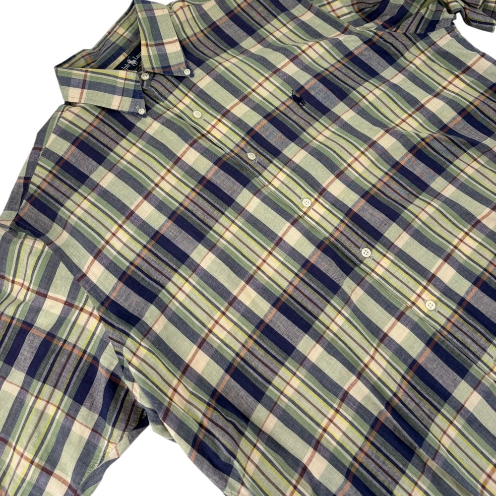 Ralph Lauren Shirt Mens L Short Sleeve Green Blue Plaid Cotton Button Down‎